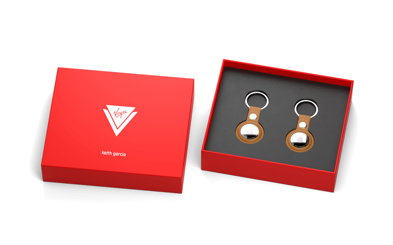 Gift set featuring a 2 pack of airtags and leather keychain airtag holder